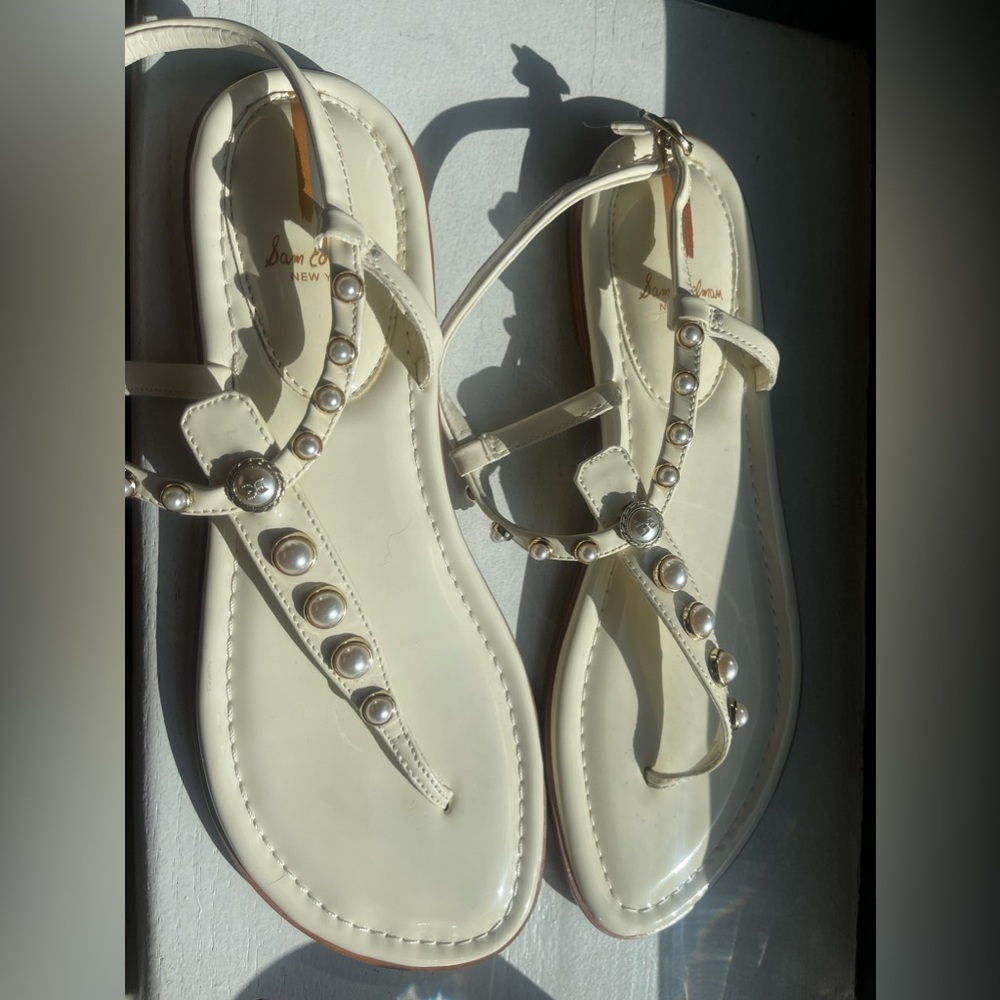 Sam Edelman Cream Pearl-Stud T-Strap Sandals